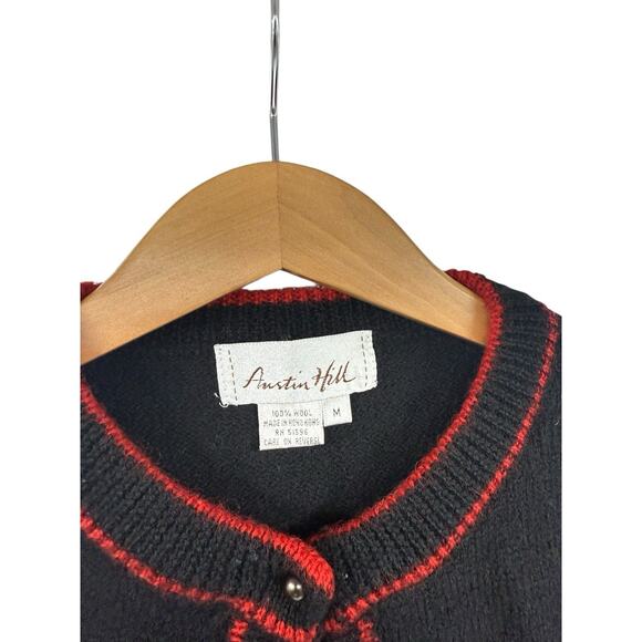 Austin Hill 100% Wool Button Front Cardigan Black Red Holiday Bows Sweater M - Picture 2 of 8